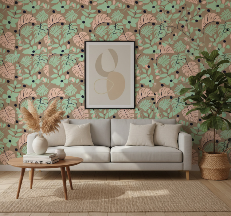 Flower wallpaper with pastel monstera flowers and leaves - TenStickers