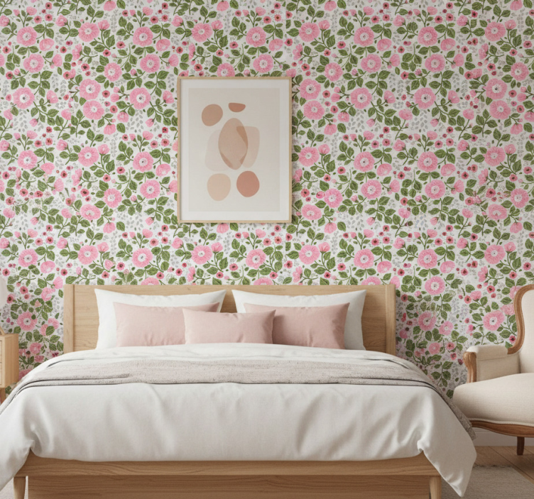 Flower wallpaper with pretty pink flower heads - TenStickers