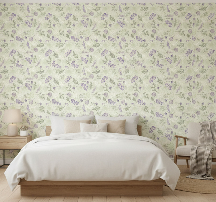Flower wallpaper with purple flowers on green - TenStickers