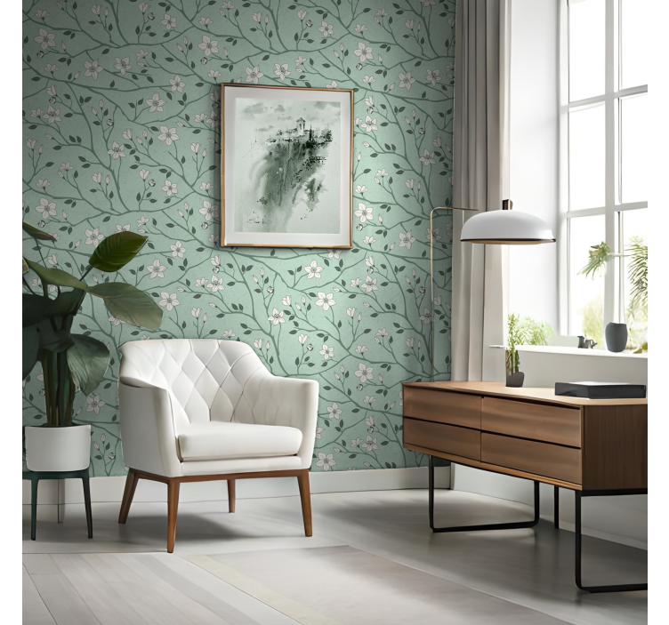 Flowers And Branches Green Wallpaper - TenStickers