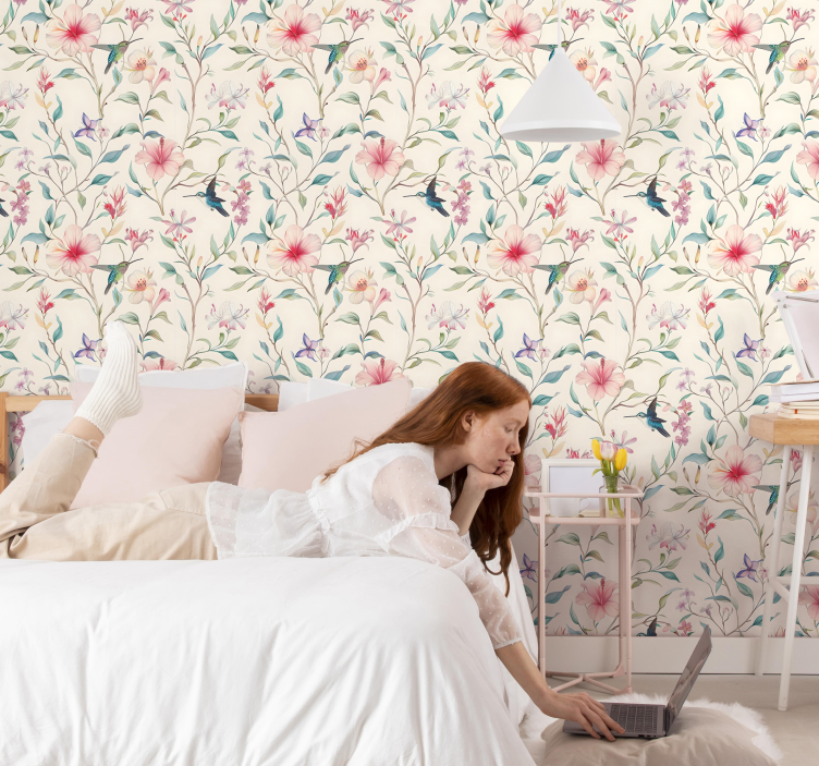 Flowers and hummingbirds pattern ornamental flower wallpaper - TenStickers