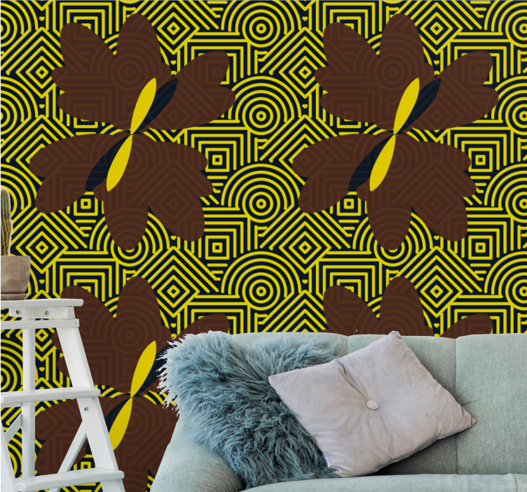 Yellow and brown pattern ornamental flower wallpaper - TenStickers
