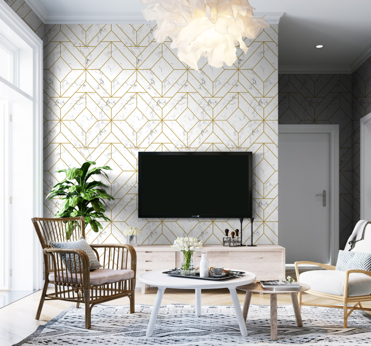 Geometric Gold And White Pattern Wallpaper - TenStickers