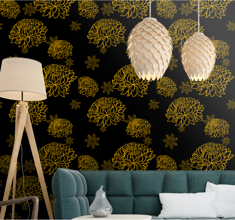 Golden floral pattern ornamental flower wallpaper - TenStickers