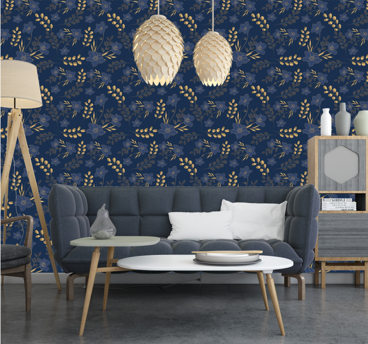 Golden flowers pattern Navy blue wallpaper - TenStickers