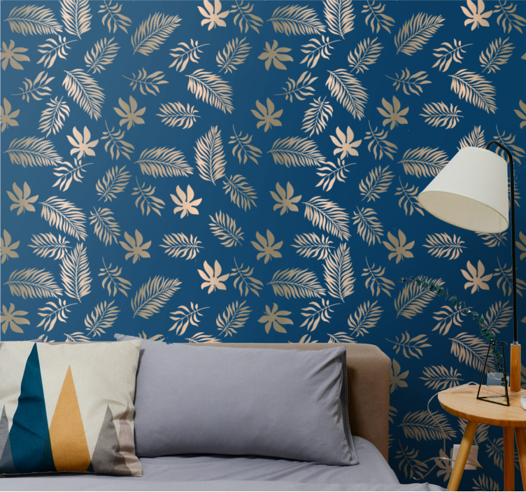 Golden pattern on navy background leaf wallpaper - TenStickers