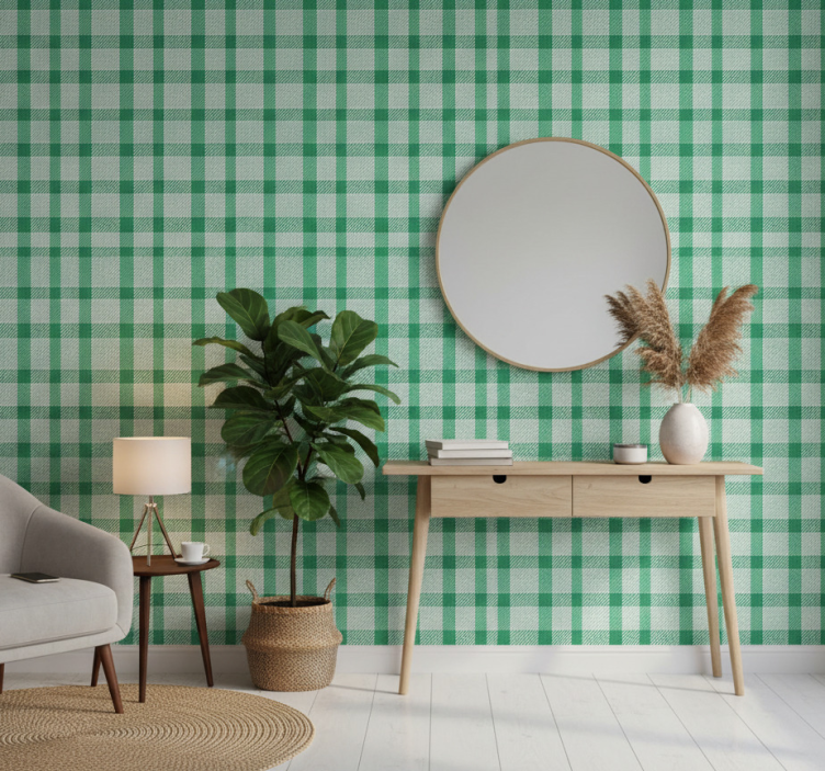 Hallway wallpaper green and white patterned squares - TenStickers