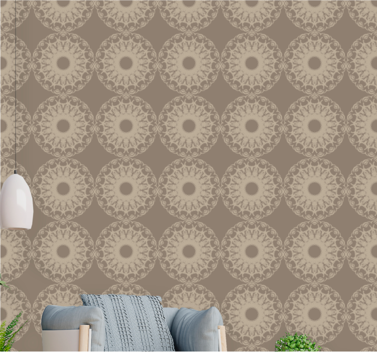 Intricate beige circular pattern ornamental wallpaper - TenStickers