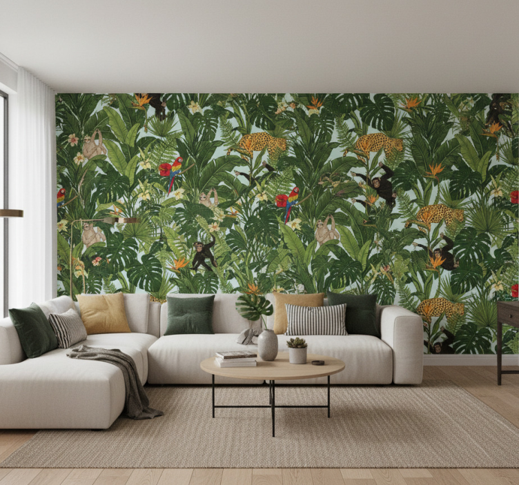 Jungle wallpaper featuring tropical animals design - TenStickers