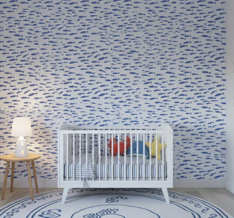 Kids wallpaper blue fish pattern on white background - TenStickers