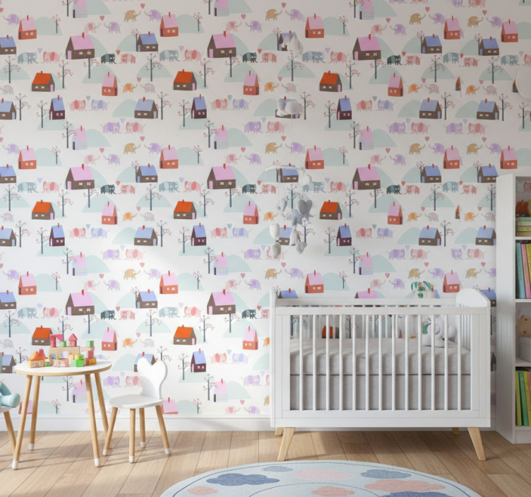 Kids wallpaper elephants and houses design - TenStickers