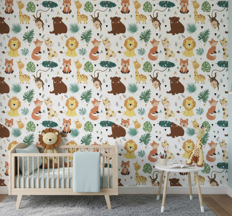 Kids wallpaper featuring adorable wild animals and leaves - TenStickers