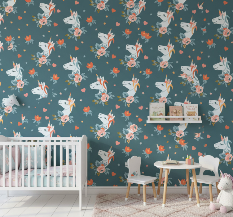 Kids wallpaper featuring enchanting blue unicorns - TenStickers