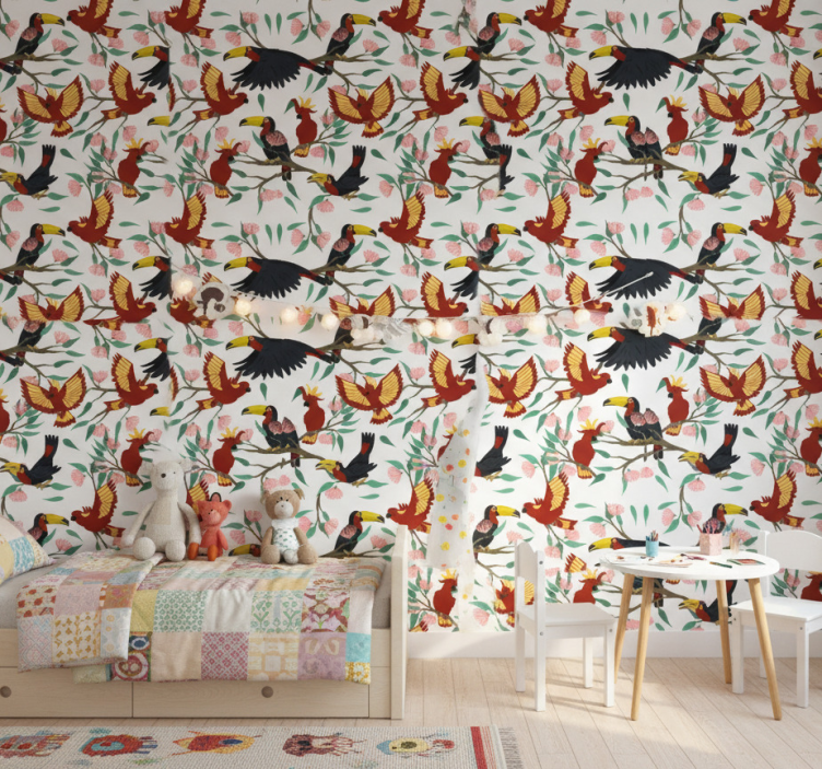 Kids wallpaper featuring flying parrots and toucans - TenStickers