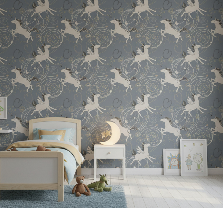Kids wallpaper featuring pegasus unicorns on dark background - TenStickers