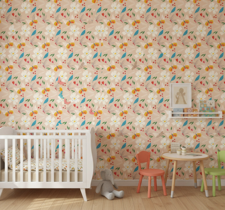 Kids wallpaper flowers and butterflies beige background - TenStickers