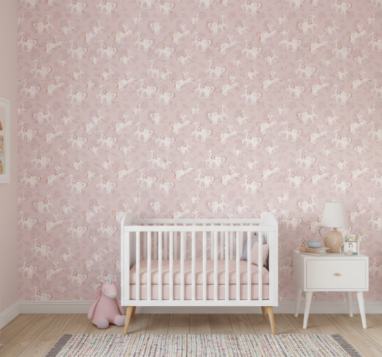 Kids wallpaper pink and tall unicorn with flowers - TenStickers