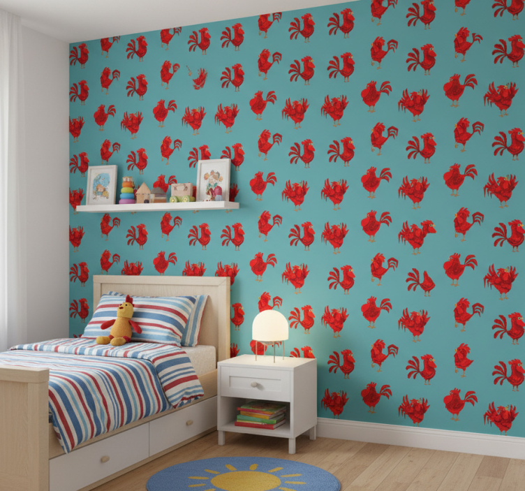 Kids wallpaper red roosters on blue background - TenStickers