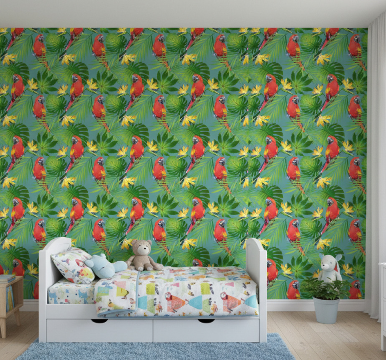 Kids wallpaper tropical parrots and leaves - TenStickers