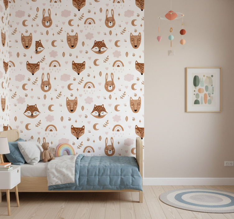 Kids wallpaper with cute brown animals and rainbows - TenStickers