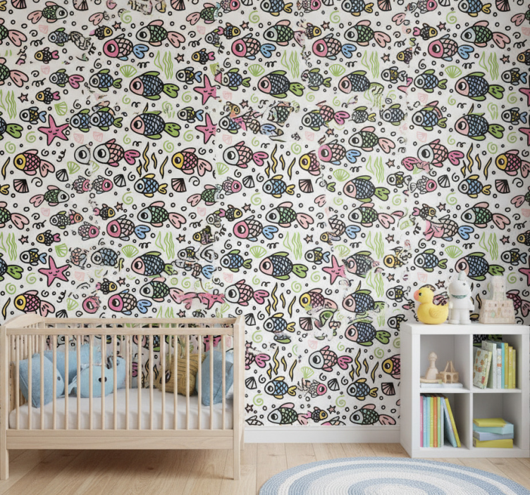 Kids wallpaper with multicolor fish pattern - TenStickers