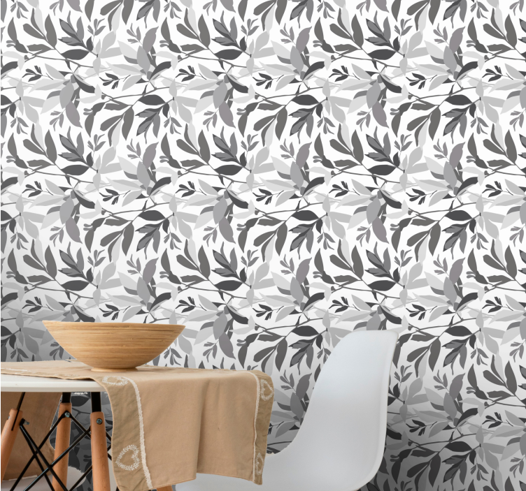 Horizontal gray pattern leaf wallpaper - TenStickers