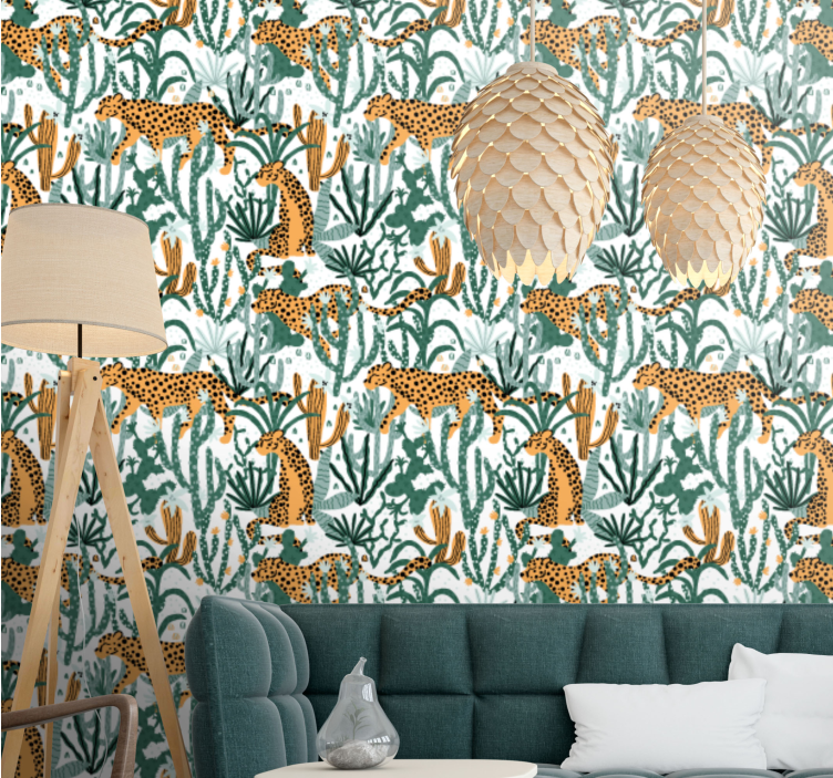 Leopard with jungle pattern wallpaper - TenStickers