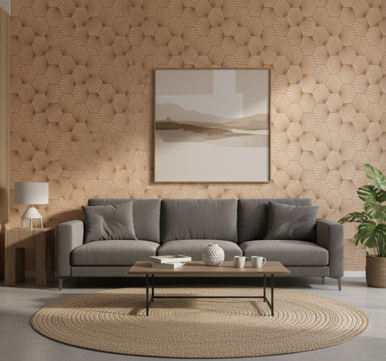 Living room wallpaper brown hexagon lines - TenStickers
