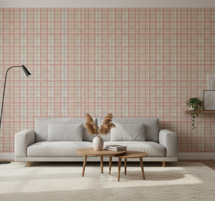 Living room wallpaper in brown tartan texture - TenStickers