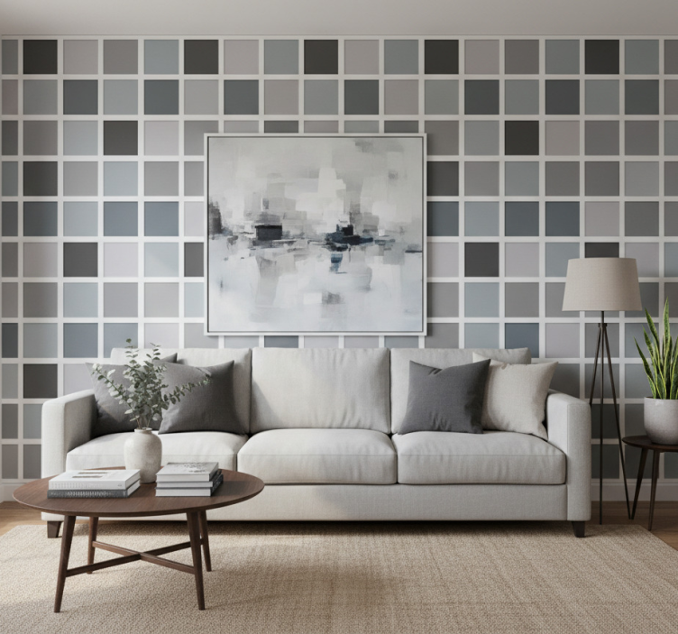 Living room wallpaper in grey tile patterns - TenStickers