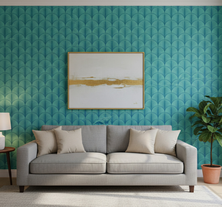 Living room wallpaper in light green and blue - TenStickers
