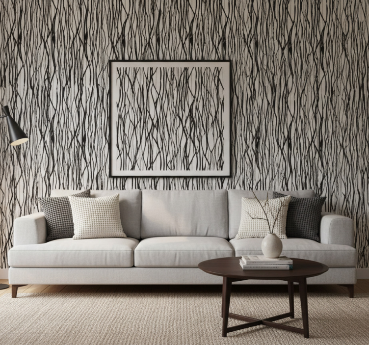 Living room wallpaper with thin black branches - TenStickers