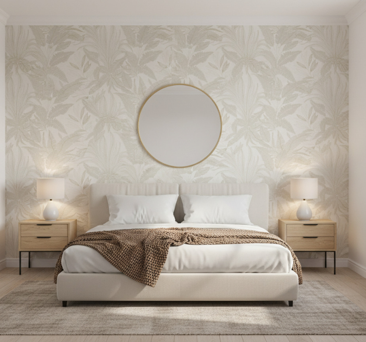 Master bedroom wallpaper beige botanical mural - TenStickers