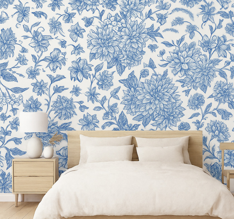 Master bedroom wallpaper blue dahlia floral - TenStickers