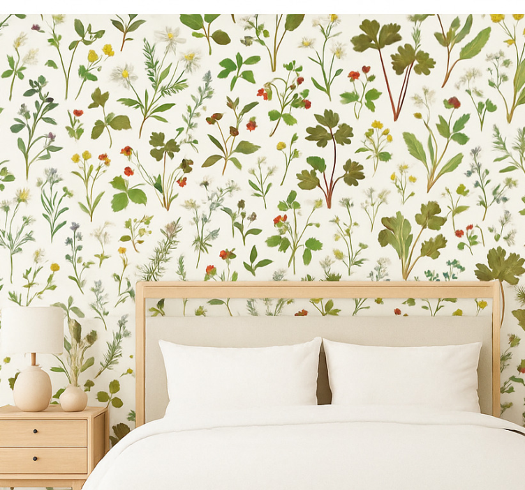 Master bedroom wallpaper botanical design on white - TenStickers