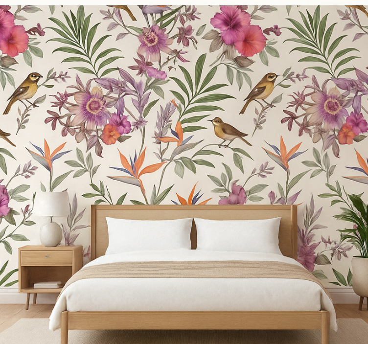 Master bedroom wallpaper colorful forest design - TenStickers