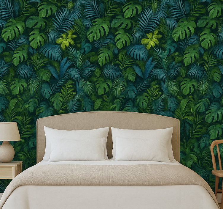 Master bedroom wallpaper in green and blue leaves - TenStickers