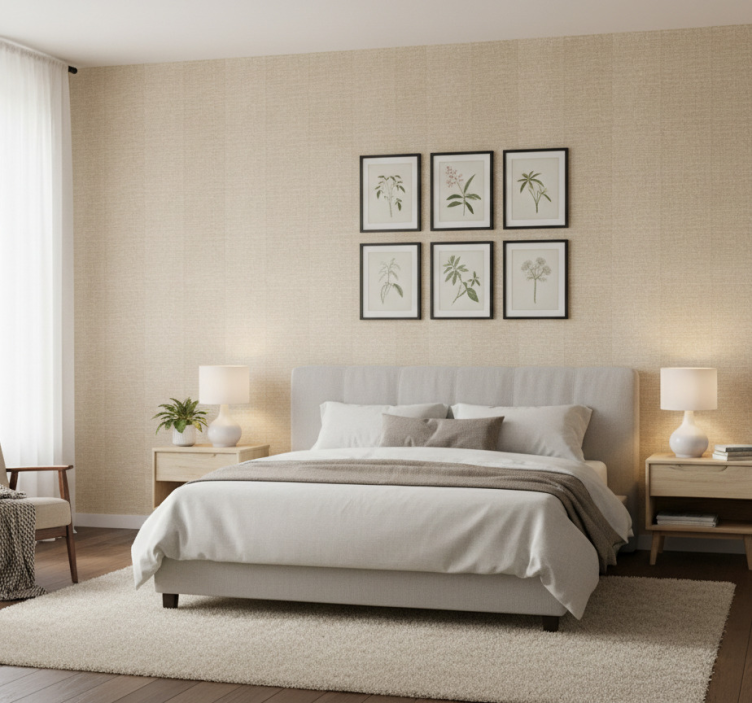 Master bedroom wallpaper in monocolour beige fabric - TenStickers