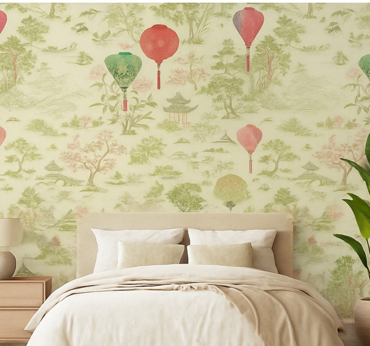 Master bedroom wallpaper oriental chinoiserie scene - TenStickers
