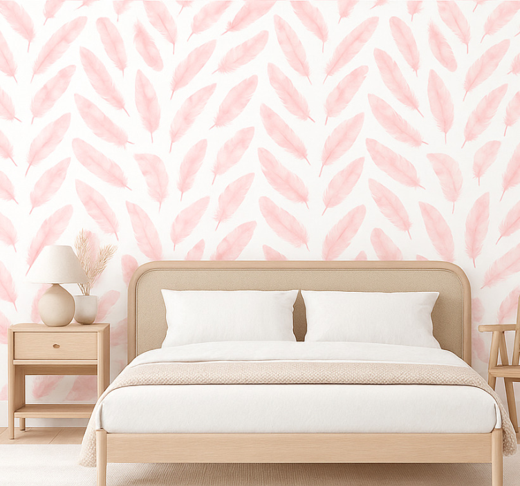 Master bedroom wallpaper pink feather design - TenStickers