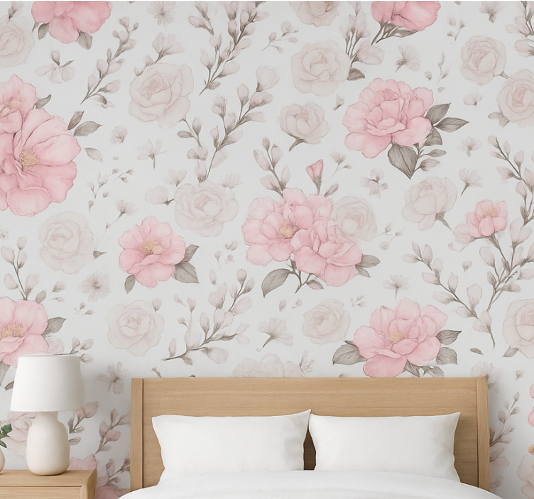 Master bedroom wallpaper pink grey floral design - TenStickers