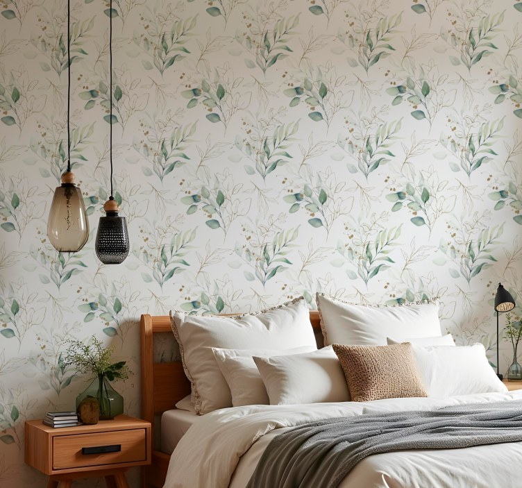 Master bedroom wallpaper watercolor greenery design - TenStickers