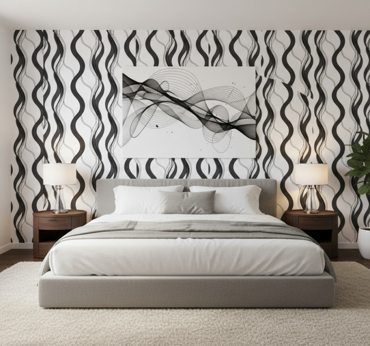 Master bedroom wallpaper wavy black pattern - TenStickers