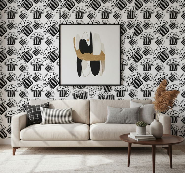 Modern wallpaper black and white ethnic mushrooms - TenStickers