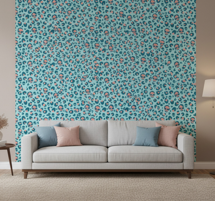 Modern wallpaper blue and pink skull leopard design - TenStickers