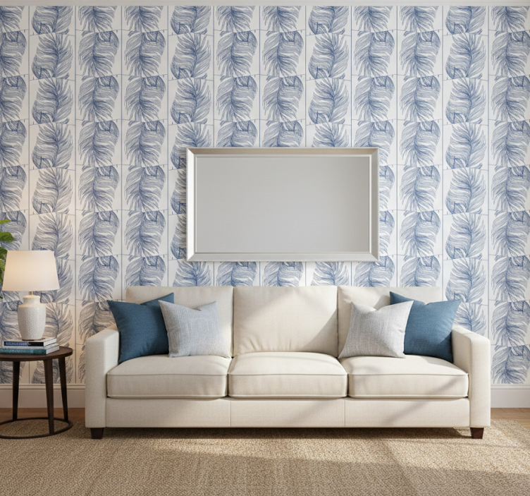 Modern wallpaper hampton style blue feathers - TenStickers
