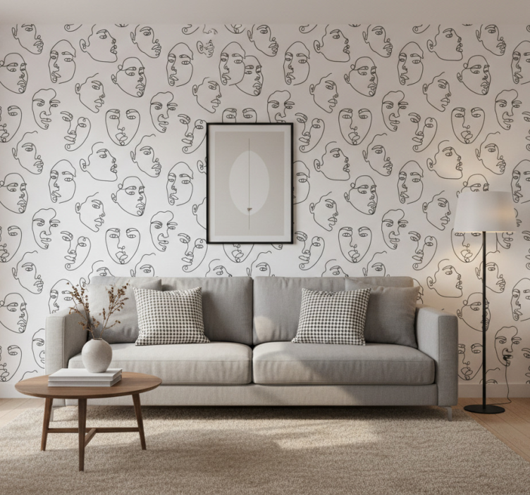 Modern wallpaper with line art faces pattern - TenStickers