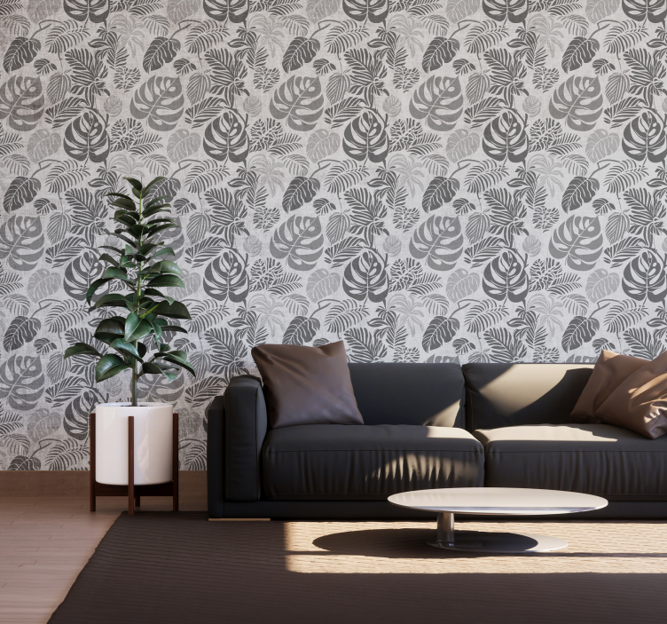 Monstera leaves grey wallpaper - TenStickers