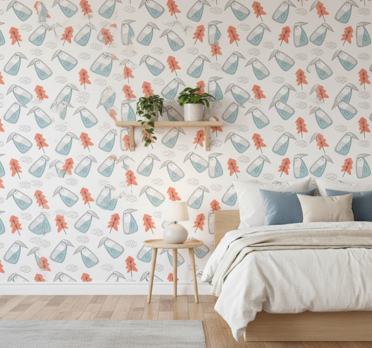 Nordic wallpaper cute minimalistic penguins with trees - TenStickers