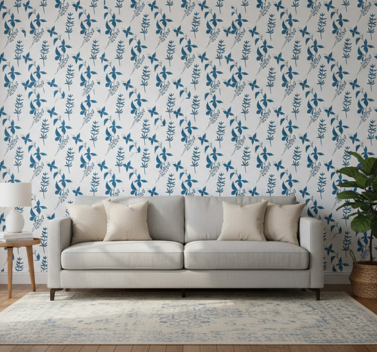 Ornamental flower wallpaper blue floral design - TenStickers